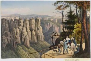 Ansicht des Wehlgrundes vom Ferdinandstein in der Sächsische Schweiz , gouachierte Lithographie, um 1860 : [Aussicht vom Ferdinandstein in den Wehlgrund] : [Sächsische Schweiz]. - [Dresden] : [E. Müller] , [um 1860]. - 1 Kunstblatt : gouachierte Lithogr. ; 17 x 12 cm