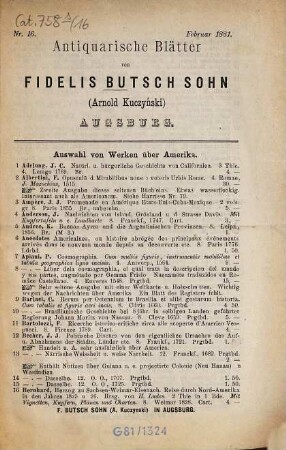 Antiquarische Blätter von Fidelis Butsch Sohn (Arnold Kuczyński), Augsburg. 16. 1881, Febr.