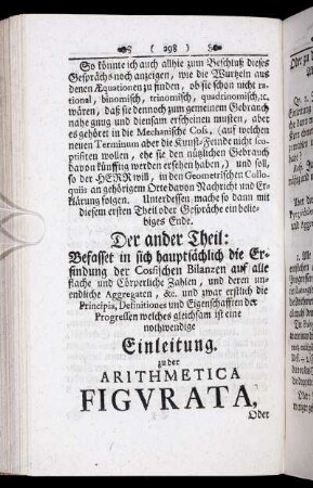 Der andere Theil. Einleitung zu der Arithmetica Figurata.