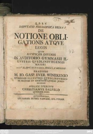 Dispvtatio Philosophica Prima De Notione Obligationis Atqve Legis