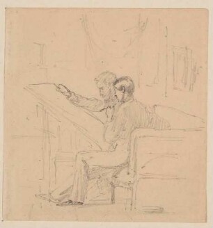 Der Maler Julius Scholtz (Selbstbildnis) mit seinem Sohn Walter (Maler, geb. 1861) am Zeichentisch