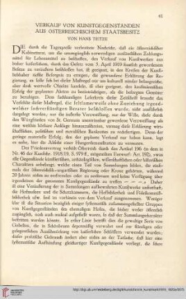 Neue Folge 31 = Jahrgang 55: Verkauf von Kunstgegenständen aus österreichischem Staatsbesitz