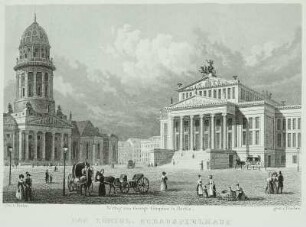 Deutscher Dom und Schauspielhaus zu Berlin (Gendarmenmarkt) : Berlin, ein- und zweispännige Kutschen, Stich