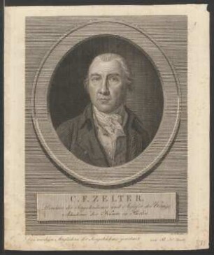 [Bildnis Carl Friedrich Zelter] : C. F. Zelter : Direktor der Singakademie und Assessor der Königl. Akademie der Künste in Berlin : Den würdigen Mitgliedern der Singakademie gewidmet von B. H. Bendix