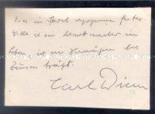 Briefkarte mit handgeschriebenem Spruch von Carl Diem