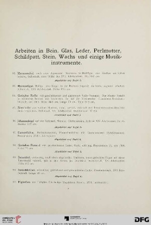 Arbeiten in Bein, Glas, Leder, Perlmutter, Schildpatt, Stein, Wachs und einige Musikinstrumente (Nr. 82-123)