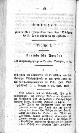 Anlagen zum elften Jahresberichte der Schlesw. Holst. Landes=Bibelgesellschaft.
