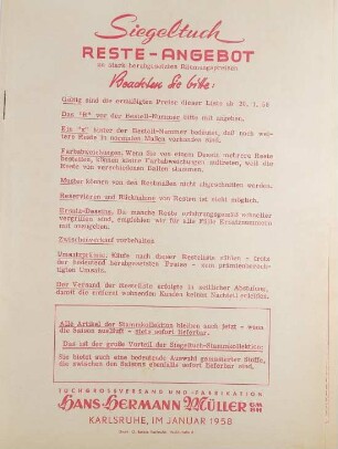 Siegeltuch Reste Angebote Januar 1958