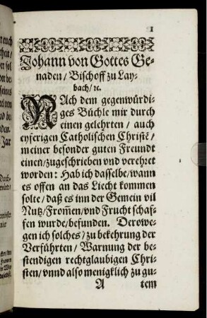 Johann von Gottes Genaden/ Bischoff zu Laybach [...]