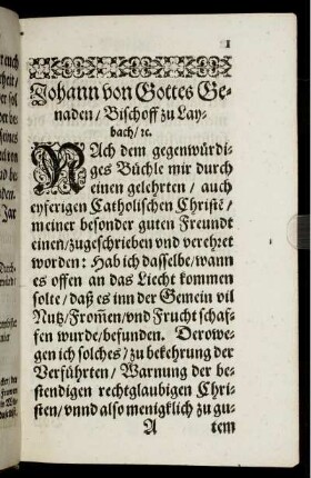 Johann von Gottes Genaden/ Bischoff zu Laybach [...]