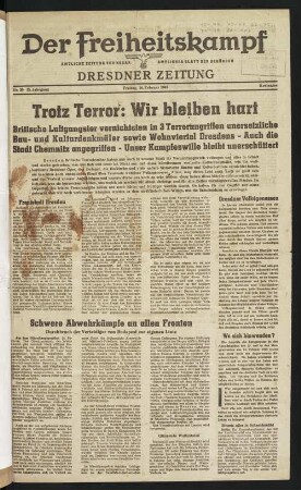 Titelblatt. (mit Artikel zum Luftangriff auf Dresden) aus: Der Freiheitskampf : amtliche Zeitung der NSDAP, amtliches Blatt der Behörden A [Dresden]. Jg. 15, Nr. 39 vom 16.02.1945. Dresden: SLUB Z. gr. 2. 70