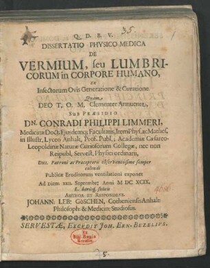 Dissertatio Physico-Medica De Vermium, seu Lumbricorum in Copore Humano, Ex Inspectorum Ovis Generatione & Curatione