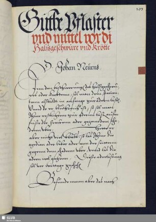 Bl. 72r-76r: Guthe Pflaster vnd mittel vor di Halßgeschwüre vnd Krötte.