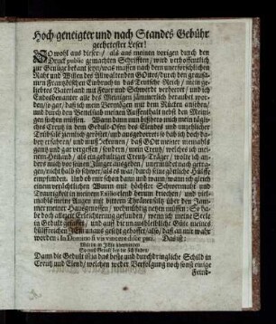 Hoch-geneigter und nach Standes Gebühr geehrtester Leser!