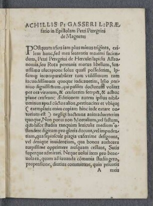 Achillis P: Gasseri L: Praefatio in Epistolam Petri Peregrini de Magnete.
