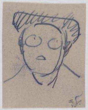 [o.T.]. Frauenkopf mit Brille