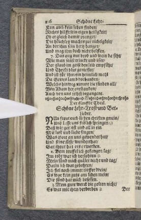 Der fünffte Theil. Schöne Lehr- Trost- und Bet-Lieder.