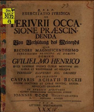 Exercitatio iur. de periurii occasione praescindenda, von Verhütung des Meineyds