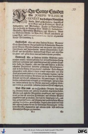 Von Gottes Gnaden Wir Joseph Wilhelm Ernest des heiligen Römischen Reichs Fürst zu Fürstenberg ...