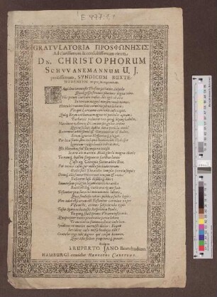 Gratvlatoria Prosphonesis Ad clarissimum & consultissimum virum Dn. Christophorum ...