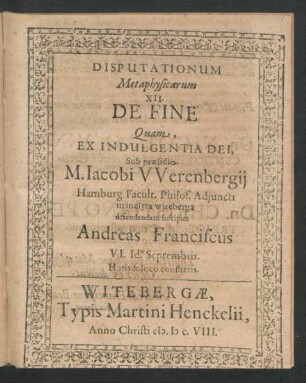 Disputationum Metaphysicarum XII. De Fine