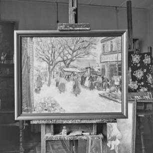 Otto Nagels alte Wohnung. Ölgemälde: Wochenmarkt am Gesundbrunnen (in Berlin-Wedding), Oel auf Leinwand, 1937.