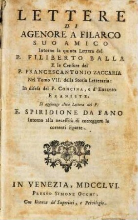 Lettere di Agenore a Filarco suo amico in difesa del P. Concina e di Eusebio Eraniste, [1]