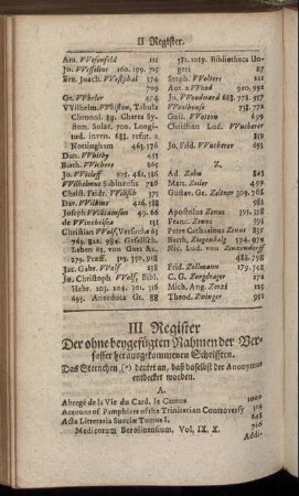 III. Register Der ohne beygefügten Nahmen der Verfasser herausgekommenen Schrifften.