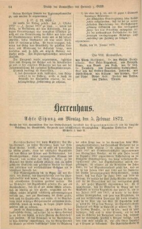 Herrenhaus. Achte Sitzung am Montag den 5. Februar 1872