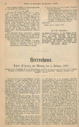 Herrenhaus. Achte Sitzung am Montag den 5. Februar 1872