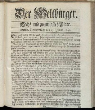 Sechs und zwanzigstes Blatt. Berlin, Donnerstags den 27. Julius 1741.