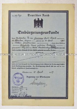 Einbürgerungsurkunde für Hermann Pirich