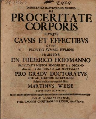 Diss. ... De proceritate corporis eiusque causis et effectibus