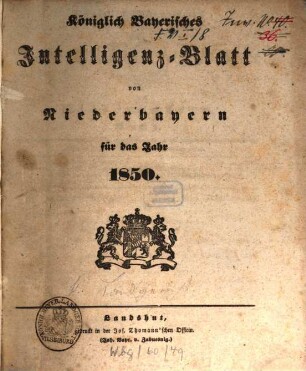 Königlich Bayerisches Intelligenzblatt von Niederbayern. 1850