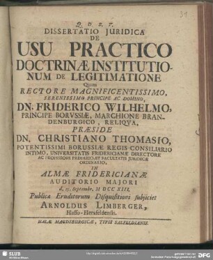 Dissertatio Juridica De Usu Practico Doctrinae Institutionum De Legitimatione