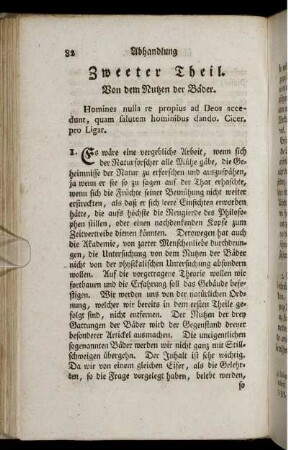 Erster Artickel. Von dem Nutzen der Bäder, besonders der heissen Bäder.