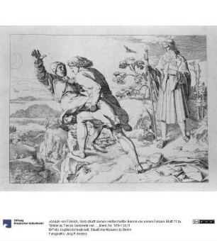 Golo stürzt seinen Helfershelfer Benno von einem Felsen. Blatt 11 zu "Bilder zu Tiecks Genovefa von J. Führich"