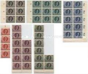 Briefmarkensatz mit 6 Sondermarken zum 54. Geburtstag von Adolf Hitler in Bogenfragmenten mit unterschiedlichen Stückzahlen an Marken