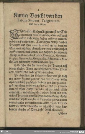 Kurtzer Bericht von den Tabulis Sinuum, Tangentium und Secantium
