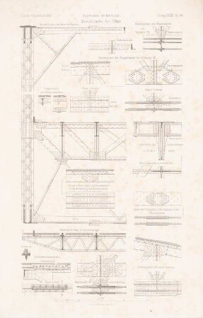 Moselbrücke, Eller: Details Überbau (aus: Atlas zur Zeitschrift für Bauwesen, hrsg. v. L.v.Tiedemann, Jg. 33, 1883)