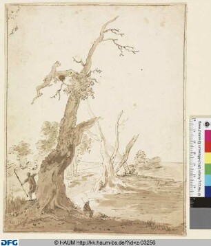 Landschaft mit abgestorbenen Bäumen, drei Menschen im Vordergrund