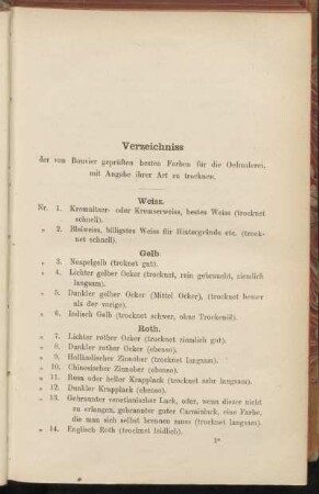 Verzeichniss der von Bouvier geprüften besten Farben für die Oelmalerei, mit Angaben ihrer Art zu trocknen.