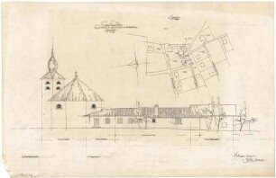 Gsaenger, Gustav; Prien / Chiemsee (Bayern); Ev. Kirche - Erweiterung mit Gemeindesaal u. Amtsräumen (Lageplan), Ostseite (Ansicht)