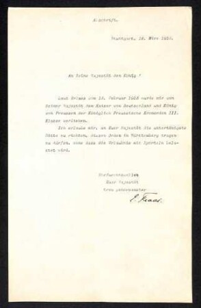 Schreiben E. Fraas an Wilhelm II (Kaiser von Deutschland und König von Preußen)