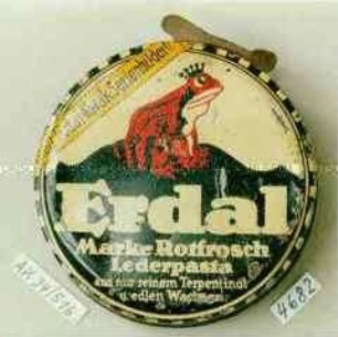 Blechdose mit Deckelheber für Schuhcreme "Erdal Marke Rotfrosch Lederpasta aus nur reinem Terpentinöl u. edlen Wachsen?"