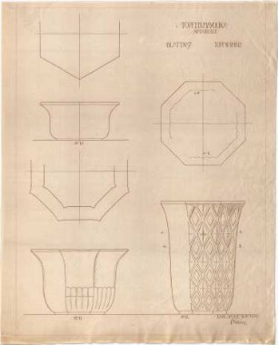 Billing, Hermann; Karlsruhe (Baden-Württemberg); Majolika-Entwürfe, Großherzogliche Manufaktur - Töpfe in Majolika, Topf Nr. 10, 11, 12 (Ansichten; Schnitte)