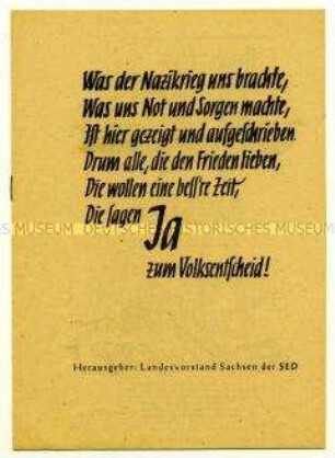 Kleinbroschüre der SED Sachsen mit Illustrationen und Reimen zur Abstimmung für die Enteignung der Nazi- und Kriegsverbrecher beim Volksentscheid 1946