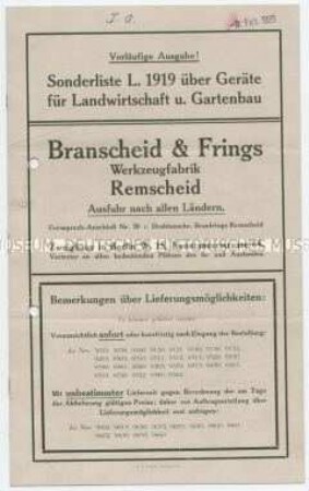 Sonderliste L.1919 über Geräte für Landwirtschaft u. Gartenbau