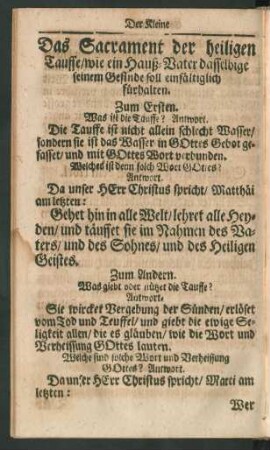 Das Sacrament der heiligen Tauffe/ Wie ein Hauß-Vater dasselbige seinem Gesinde soll einfältiglich fürhalten.