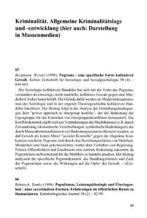 49-100, Kriminalität. Allgemeine Kriminalitätslage und -entwicklung (hier auch: Darstellung in Massenmedien)